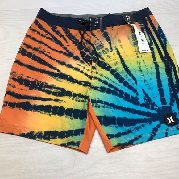 Hurley Mens Size 33 Phantom 18" Board Shorts Orange Tie Dye Stretch Quickdry NWT - Picture 1 of 8